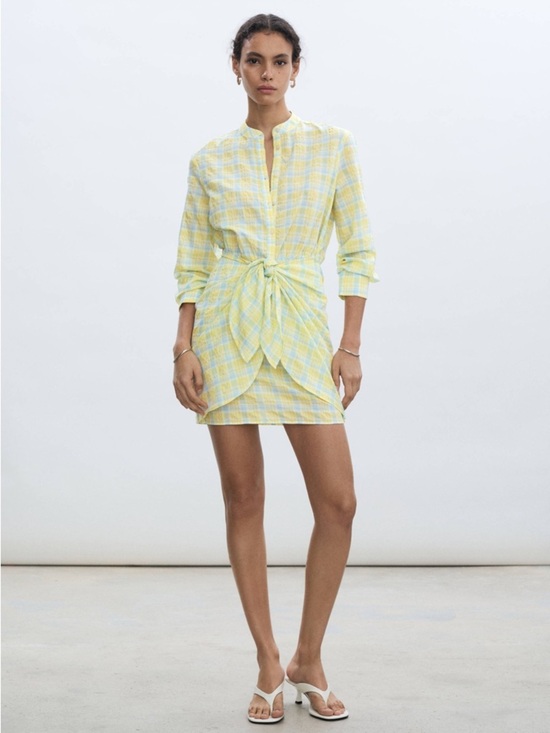 Dresses & Skirts - Mango MNG Yellow Blue Plaid Tie Waist Mini Dress Size 4 Cotton Blend